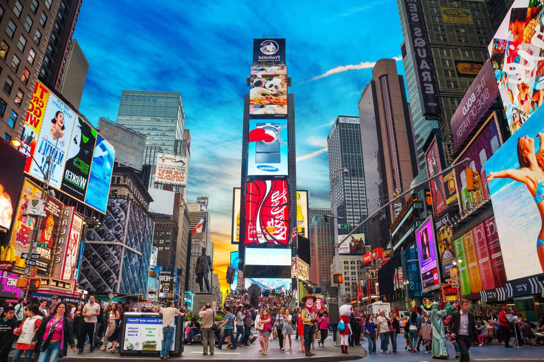 Times Square billboard advertising strategy with brand logos